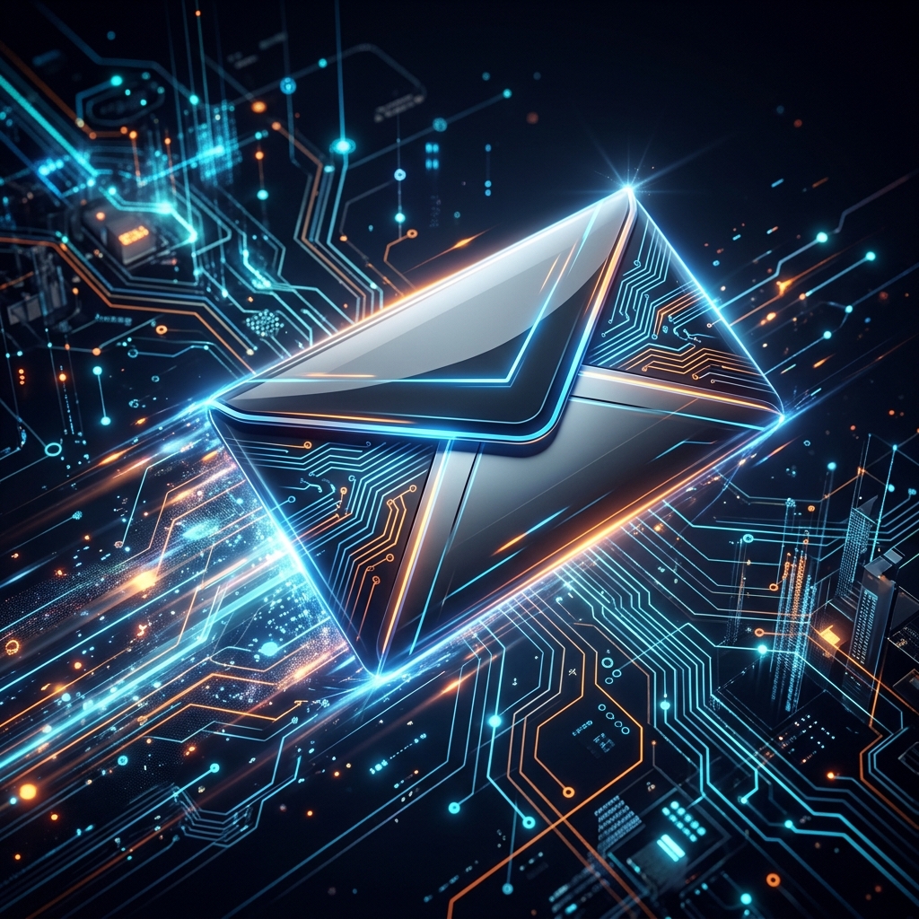 Sleek 3D illustration of an email envelope with AI circuits