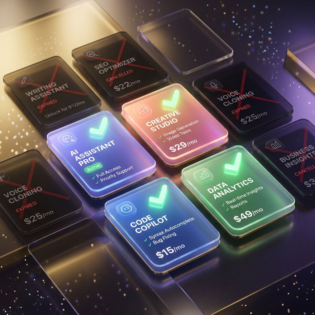 Sleek 3D visual of various premium AI service subscription cards, some checked and some crossed out